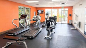 Un gimnasio con cintas de correr, elípticas y equipo de pesas.