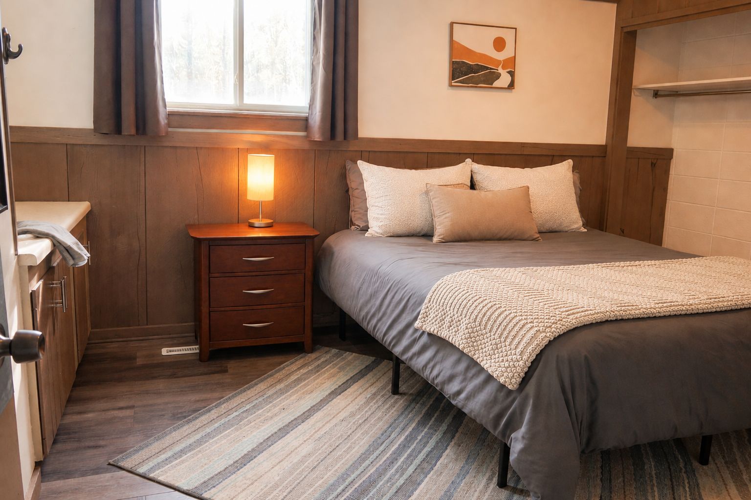 A bedroom with a bed, bedside table, lamp, and a window with curtains.