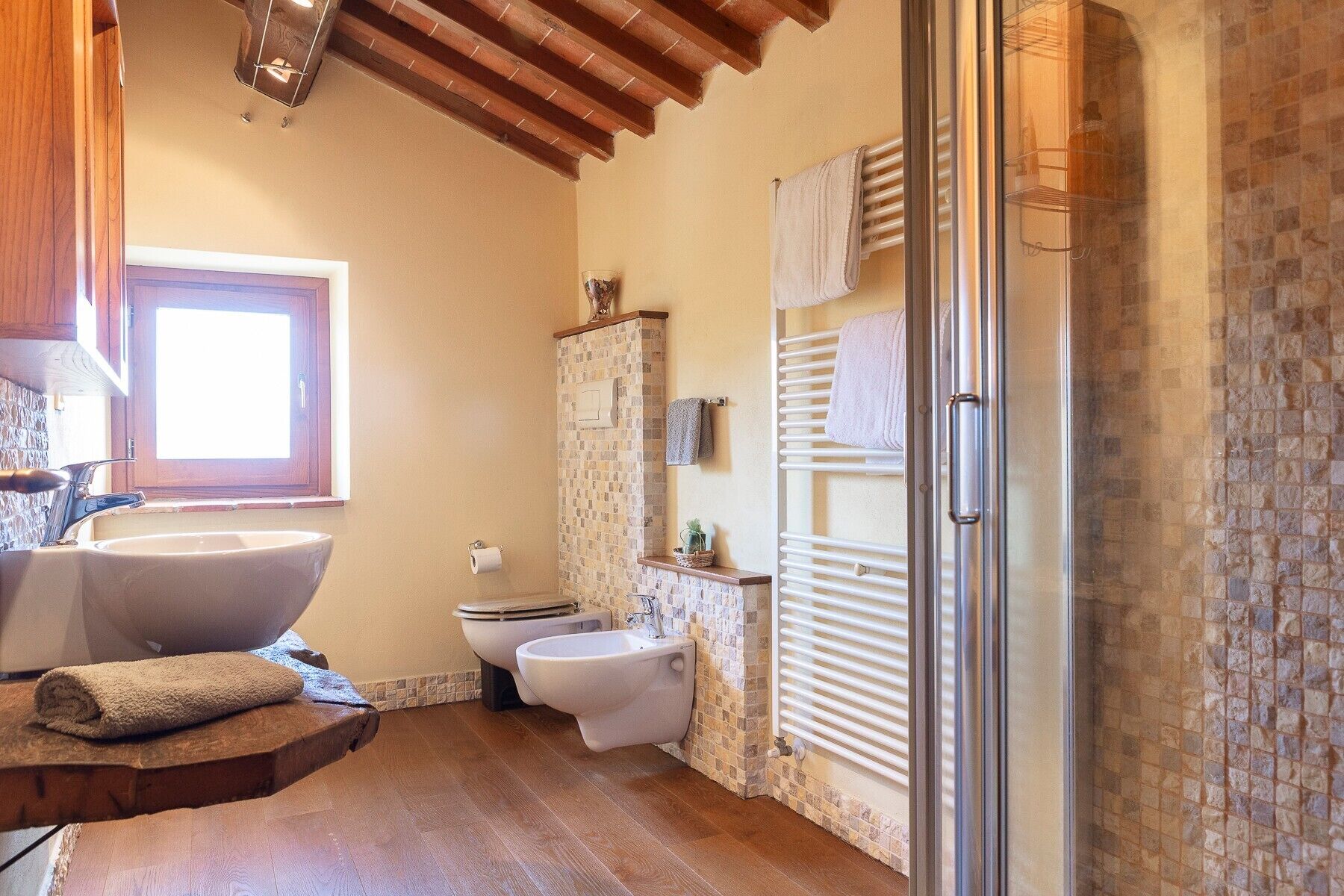 Shower, hair dryer, towels