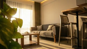 Un salon moderne comprenant un canapé, une table basse et un coin repas avec des chaises et une table.