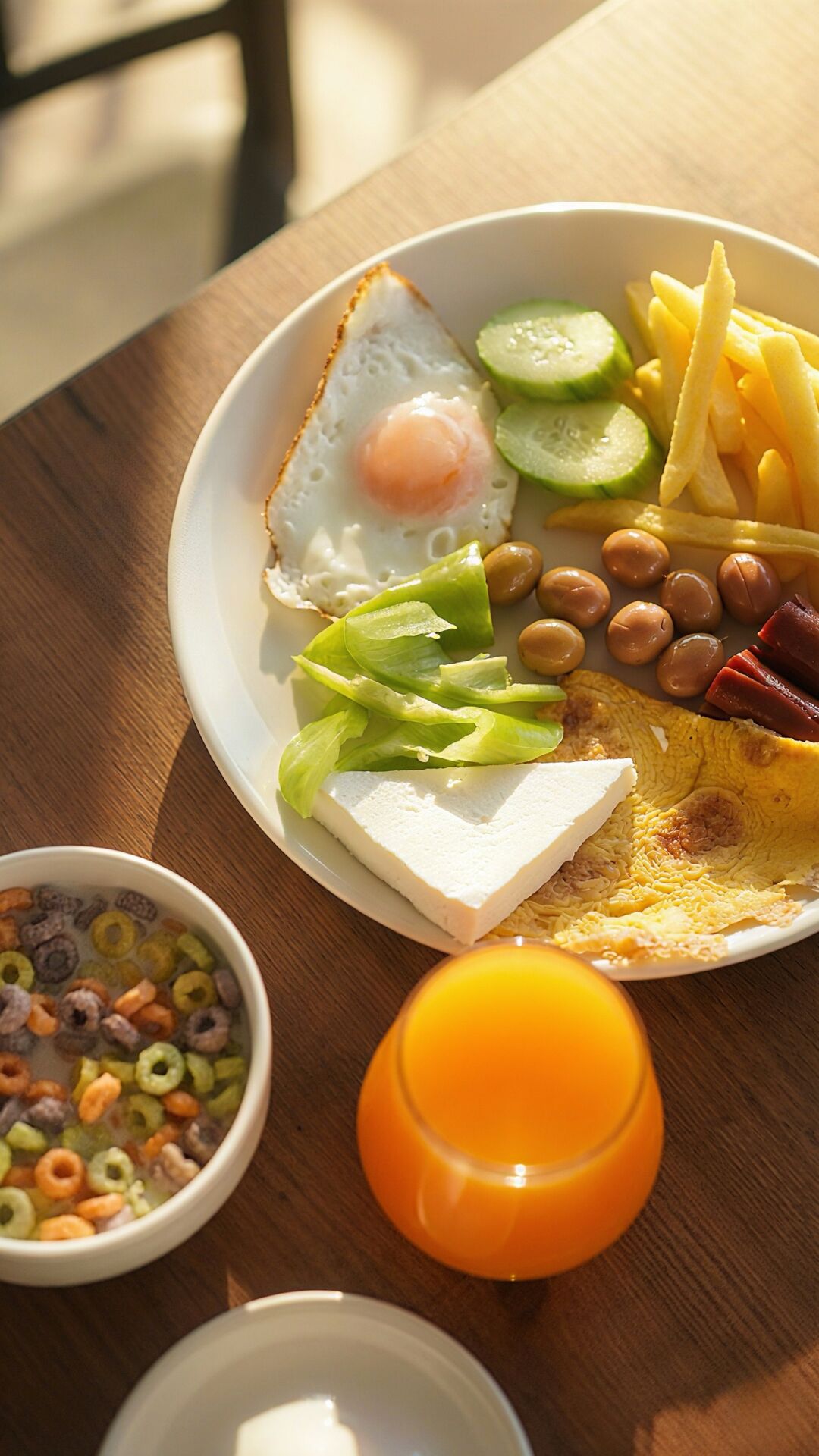 A breakfast plate with an egg, vegetables, beans, and a slice of cheese.