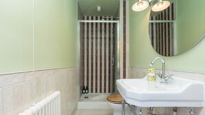 Une salle de bain avec douche, toilettes et lavabo.