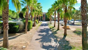 A paved pathway lined with palm trees and a building in the background. - L’Échappée Belle, 4 guests, Pool in Calvisson (Calvisson)