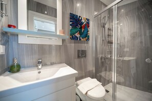 Regadera, secadora de cabello, bidet, toallas 