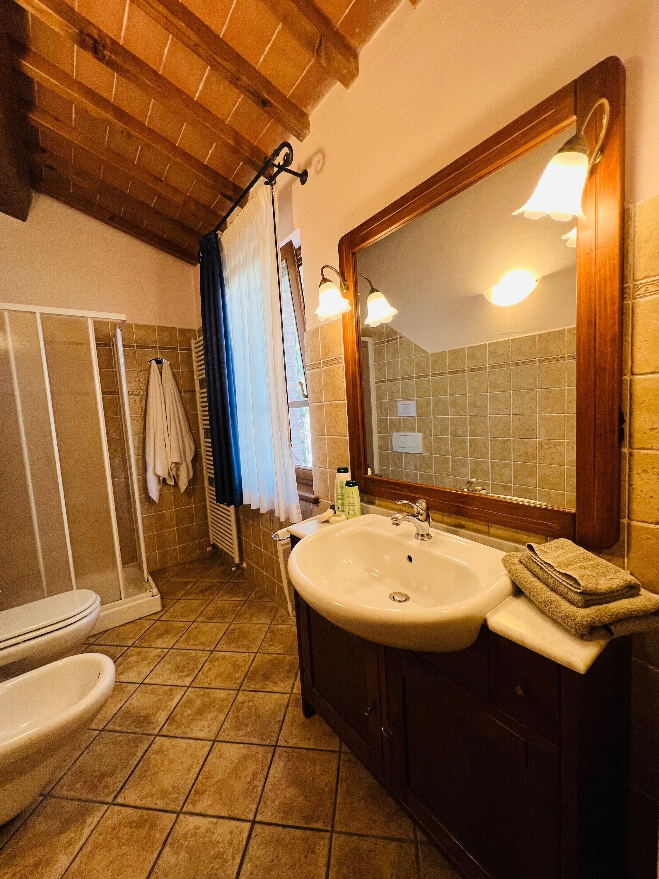 Shower, free toiletries, hair dryer, towels