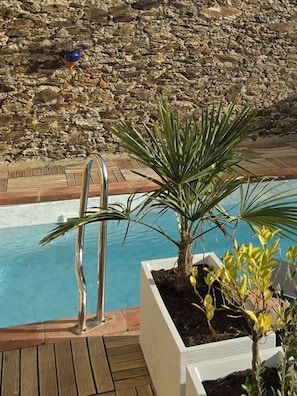 A pool area with a stone wall, a metal pool ladder, and potted plants. - Le Nid de Paulilles in Port-Vendres (Port-Vendres)