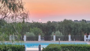 Une piscine entourée d’une clôture, bordée de verdure, avec un coucher de soleil en arrière-plan.
