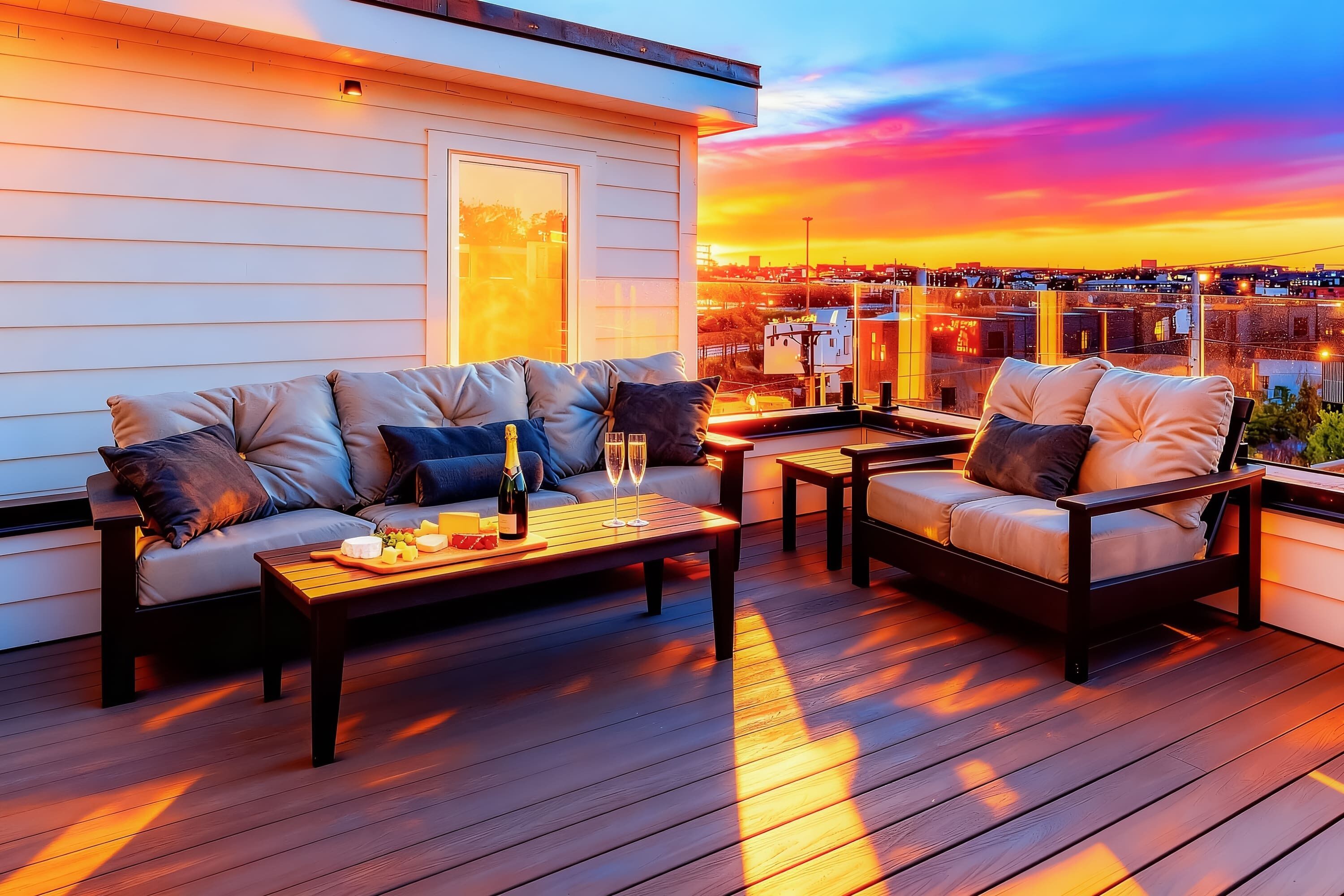 A deck with a sofa and chairs, a table with food and drinks, and a city view at sunset.