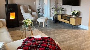 A modern living room with a fireplace, a sofa, a coffee table, a TV, and a wooden cabinet. - DottiesPlace: A cozy vacation rental with sweeping views of the entire area (Winterberg)