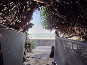 A beach view through a covered walkway with a concrete barrier and palm trees.