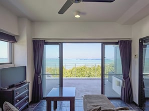 A balcony with a view of the sea, a TV, and a sofa.