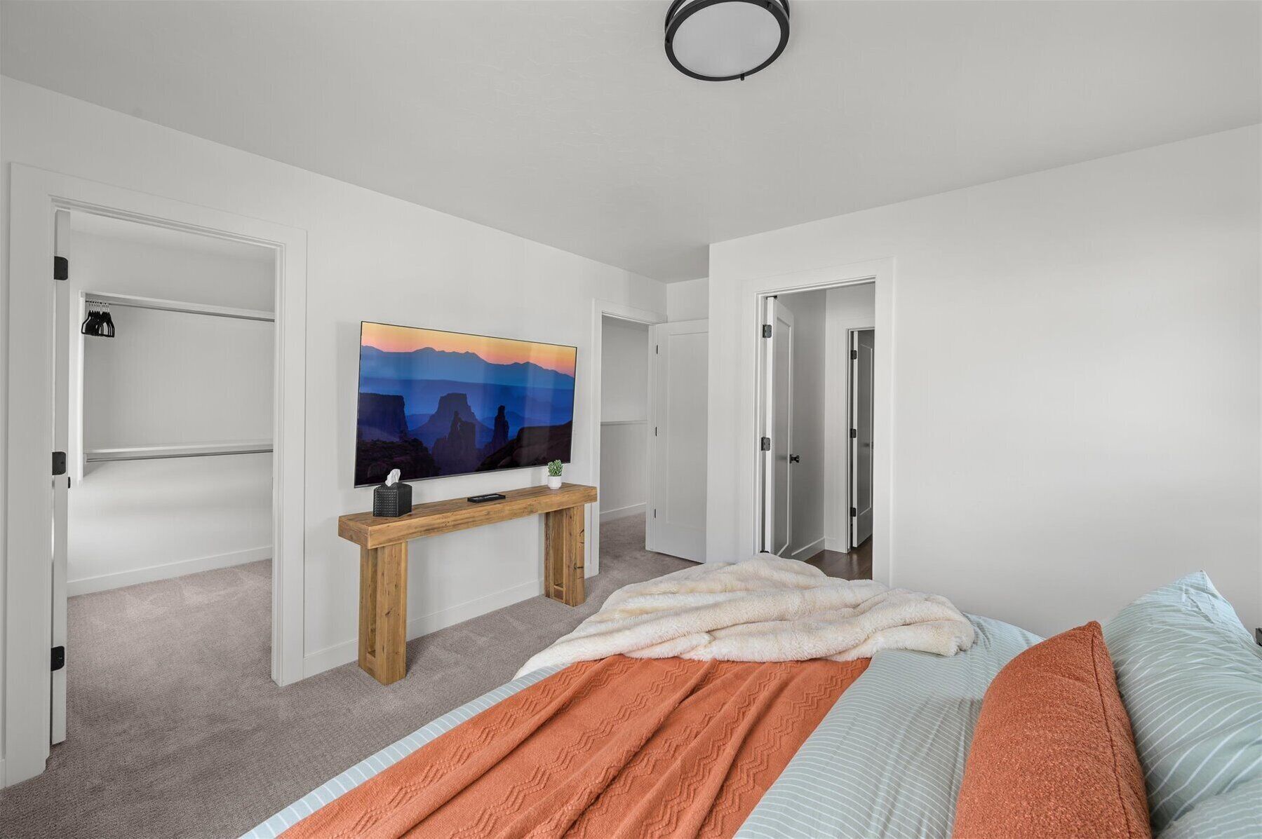 Un dormitorio con cama, un cuadro, una mesita de noche, una puerta y un armario.
