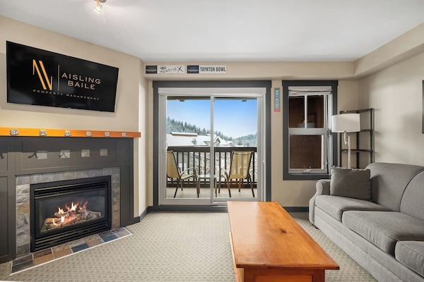 Living area/studio space with a gas-lit fireplace, access to the private balcony and a pull-out sleeper sofa (all linens provided.)