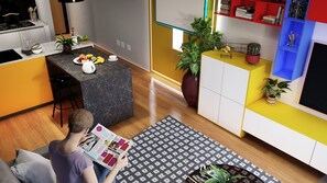 Estudio, vista a la ciudad | Área de sala de estar