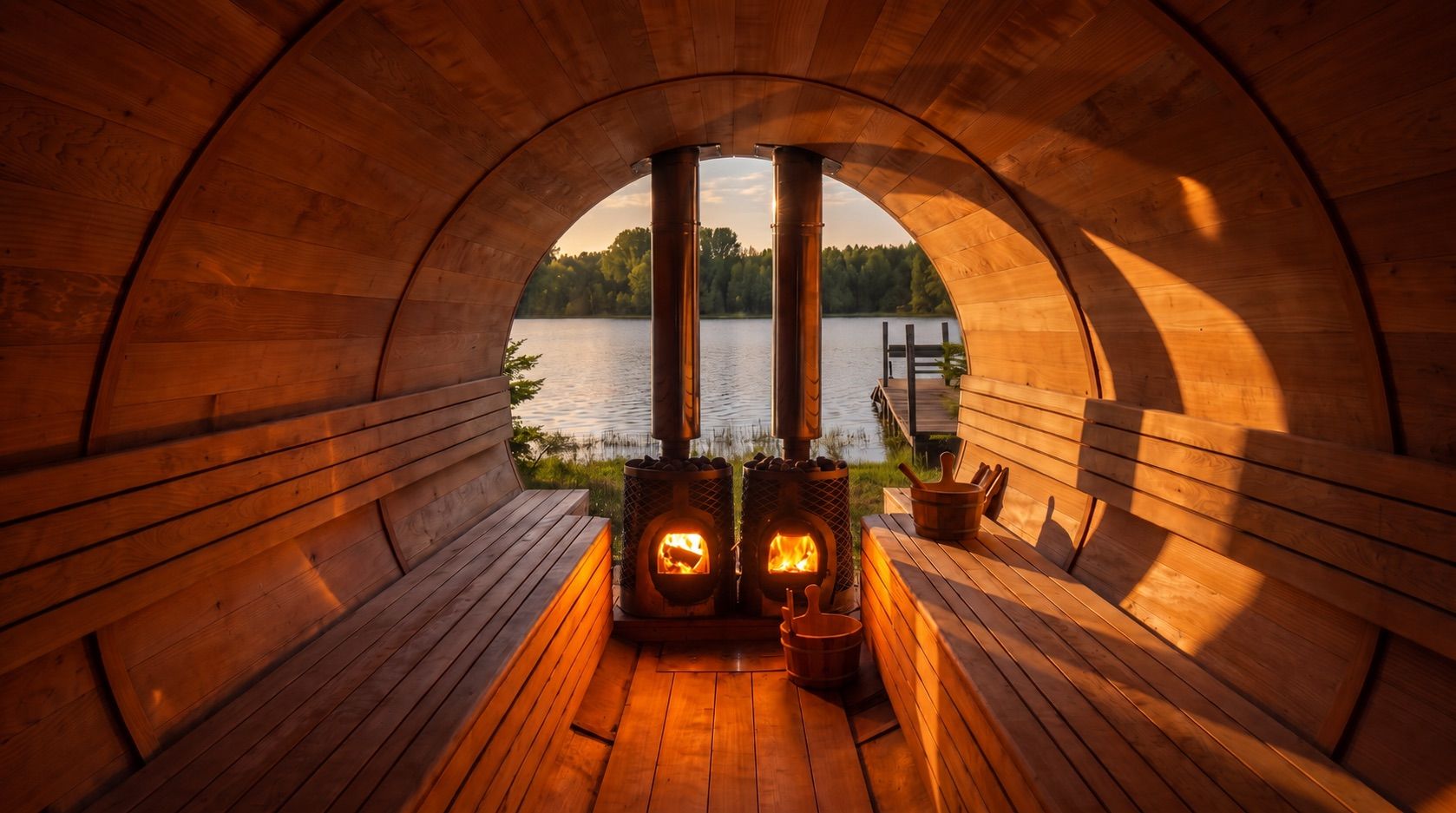 A wooden sauna with a view of a lake, featuring a central firebox and benches.
