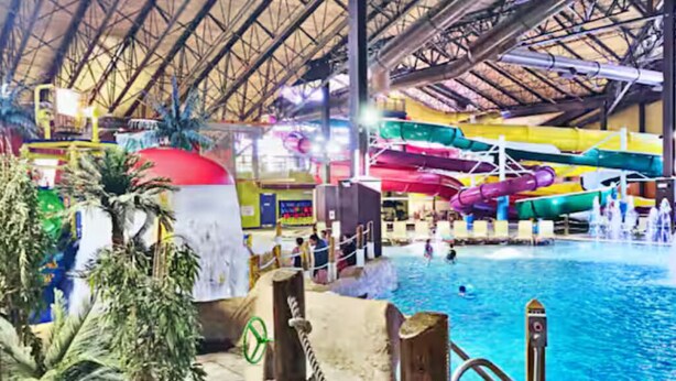 An indoor water park with a large pool, water slides, and palm trees. - NEW Cranmore Basecamp Ski/Downtown/Central (Conway)