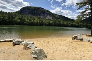 Ein sandiger Strand mit großen Felsen und einem ruhigen See, umgeben von dichtem Wald und einem Berg.