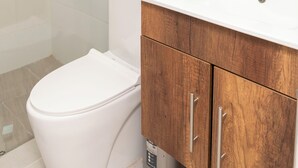 A modern bathroom with a glass-enclosed shower, a white toilet, a wooden vanity with a sink, and a mirror above the vanity.
