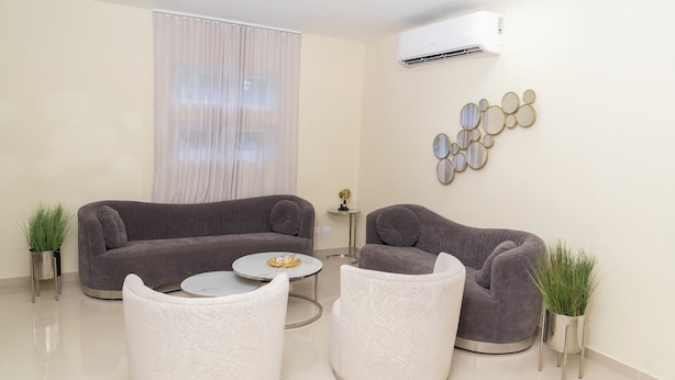 A modern living room with two grey sofas, a white coffee table, and two white armchairs. There are two potted plants, a decorative wall piece, and an air conditioning unit.