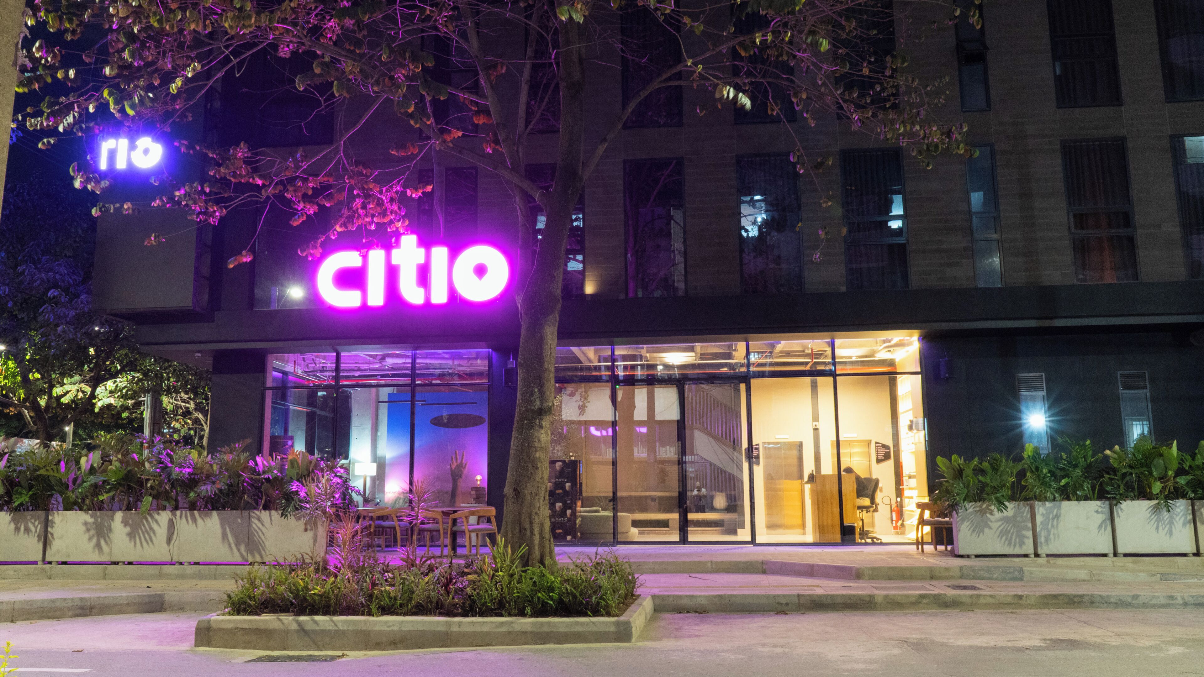Un bâtiment avec une enseigne « CITIO », des portes en verre et un arbre devant.