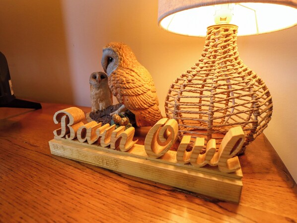 Un letrero de madera con 'Bann Owl' y una lámpara con base tejida sobre una superficie de madera.