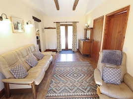 Una sala de estar con sofá, sillón y un tapete estampado.
