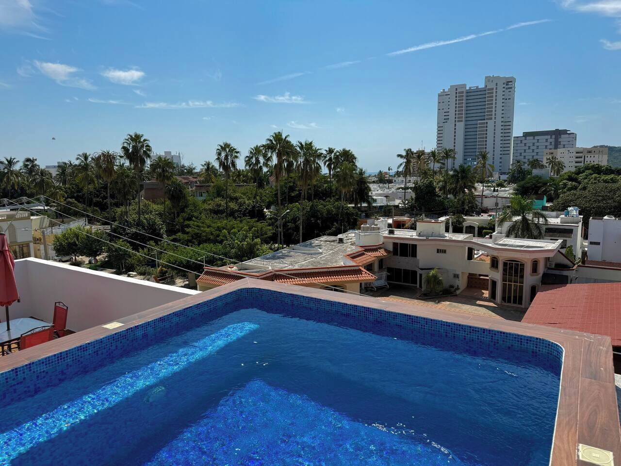 Une piscine sur le toit offrant une vue sur les palmiers et les immeubles.
