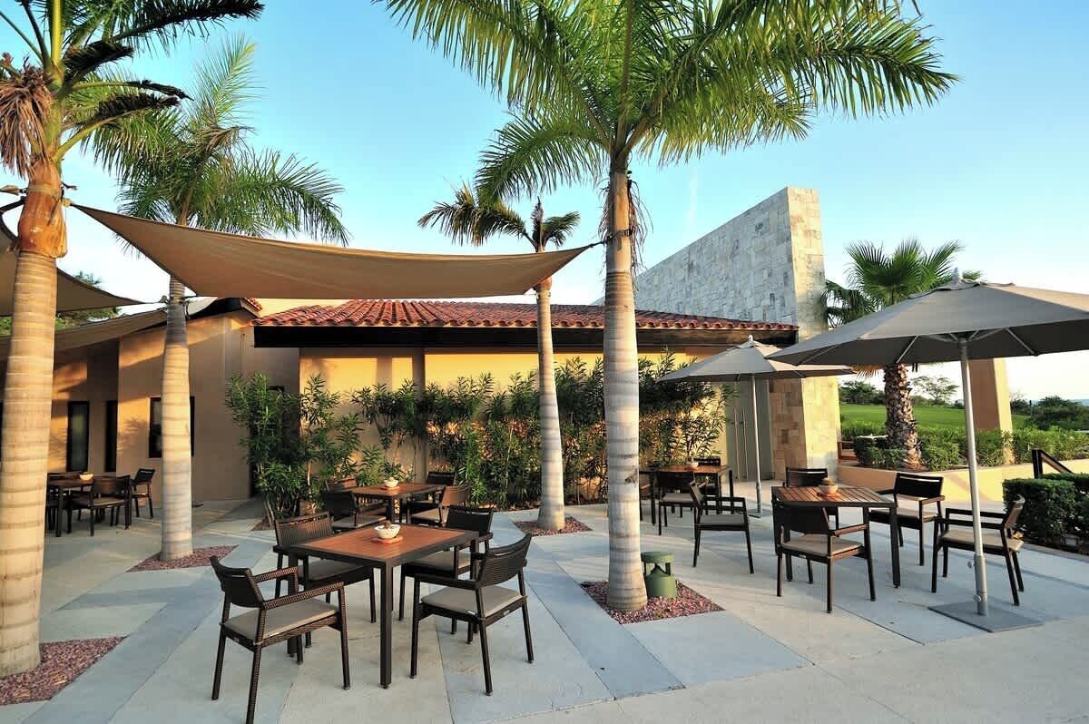 Un patio al aire libre con mesas y sillas, palmeras y un edificio con techo de tejas.