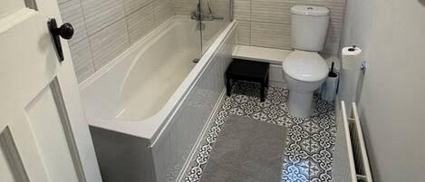 Hair dryer, towels, soap, toilet paper