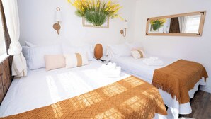 Habitación de hotel con dos camas, un espejo grande, una planta en la pared y una ventana con cortinas.