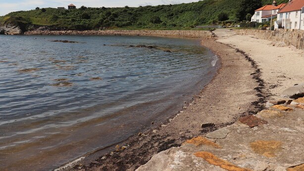 A coastal beach with a rocky shoreline, a sandy path, and buildings in the background. - Flour Loft (Anstruther)