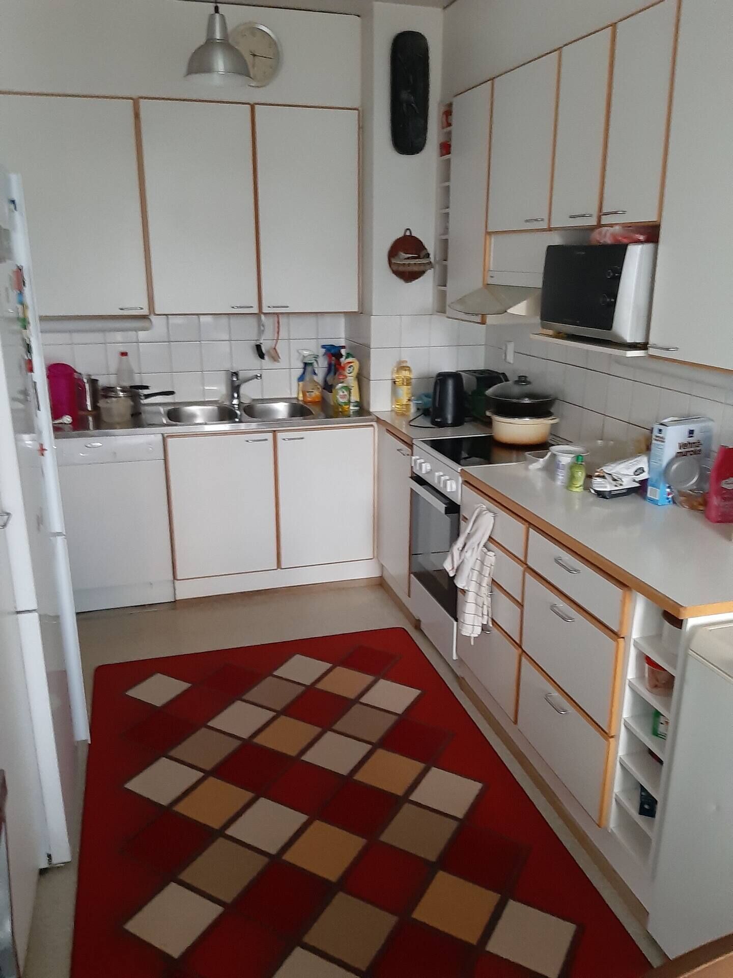 Cuina petita amb armaris blancs, un rentapeus, una placa de cocció i un microones. Hi ha un moqueta al terra amb dibuixos beigs i vermells.