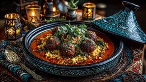 En traditionell marockansk tagine, en slags gryta, med köttbullar, couscous och grönsaker, serverad på en vacker tallrik med ett blått och grönt mönstrat lock.