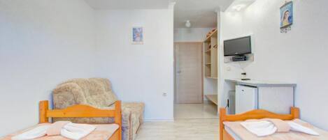 Une chambre avec deux lits en bois, un canapé, une télévision et une armoire.