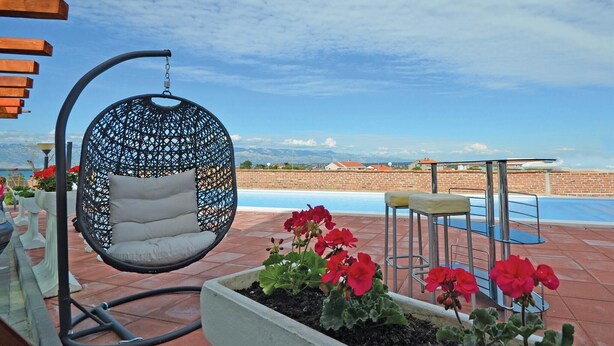 A hanging chair with a cushion, a pool, and red flowers in a planter.