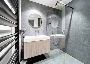 Shower, hair dryer, soap, toilet paper