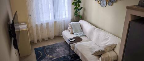 A living room with a sofa, a small table, a plant, and decorative plates on the wall.