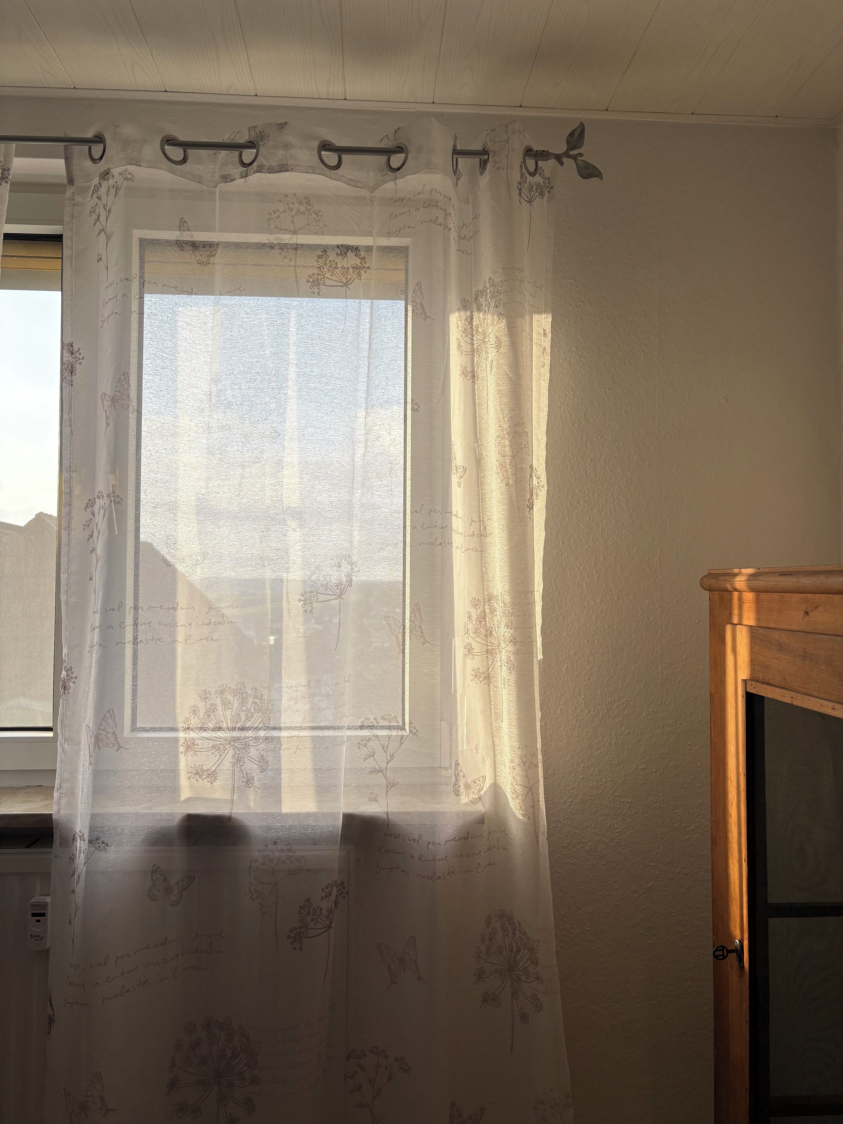 Ein Zimmer mit einem Fenster, das mit einem transparenten Vorhang mit floralem und Schmetterlingsmuster verziert ist.