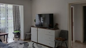 Een woonkamer met een flatscreen televisie op een witte dressoir, een grijze fauteuil, een kamerkleed met patroon en een plafondlamp.