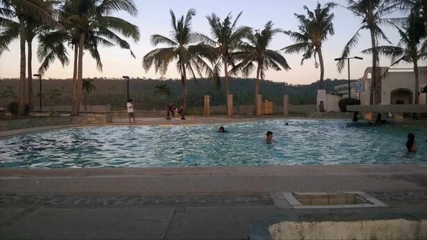 A swimming pool surrounded by palm trees, with people swimming and walking around.
