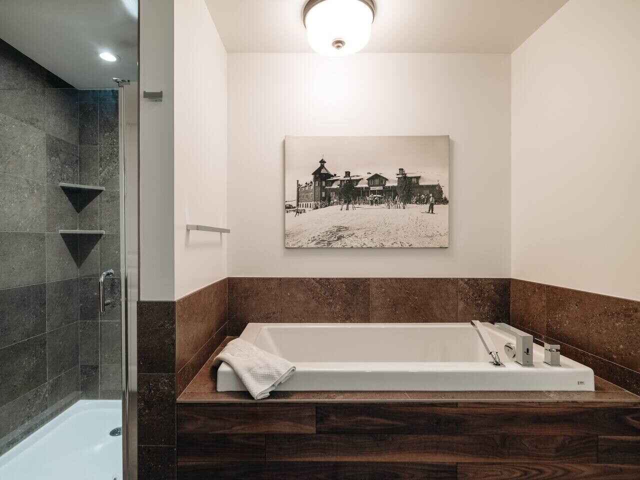 Een moderne badkamer met een douche met glazen wand, een vrijstaand bad en een ingelijste foto aan de muur.
