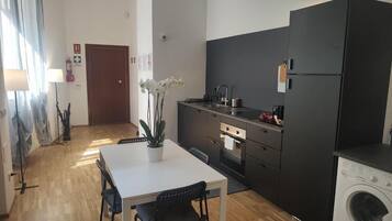 Een koelkast, een oven, een kookplaat, een vaatwasser