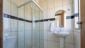 Un baño con ducha envuelta en vidrio, un lavamanos blanco y un inodoro.