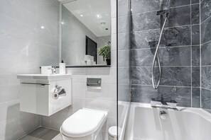 Hair dryer, towels, soap, toilet paper