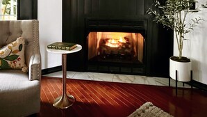 Ein modernes Wohnzimmer mit Kamin, einer Couch, einem kleinen runden Tisch und einer Topfpflanze.