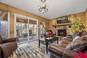 Smart TV, fireplace, books