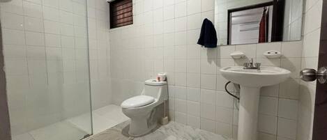 A bathroom with a glass shower enclosure, a toilet, and a pedestal sink.