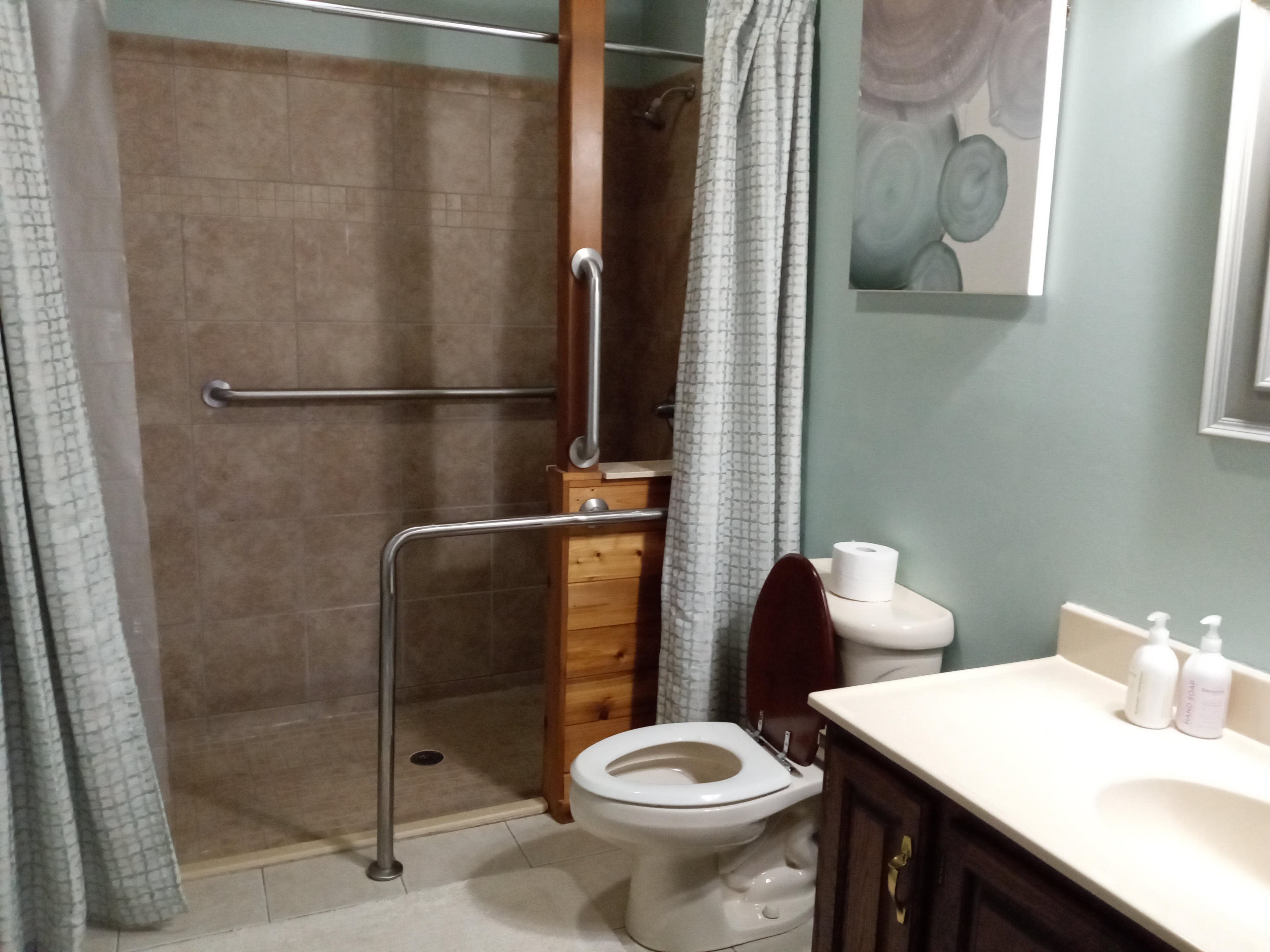 A bathroom with a shower, a toilet, and a sink.
