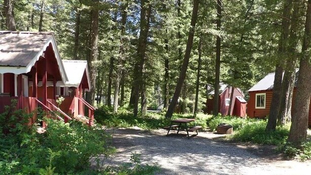 A rustic cabin with a gravel path leading to a picnic table, surrounded by dense forest. - Madison River Cabin Rental #2 (W YELLOWSTONE)