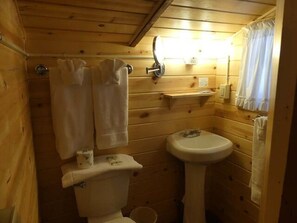Bany d'una cabana de fusta amb vàter, rentapèns i cortina de banyera.